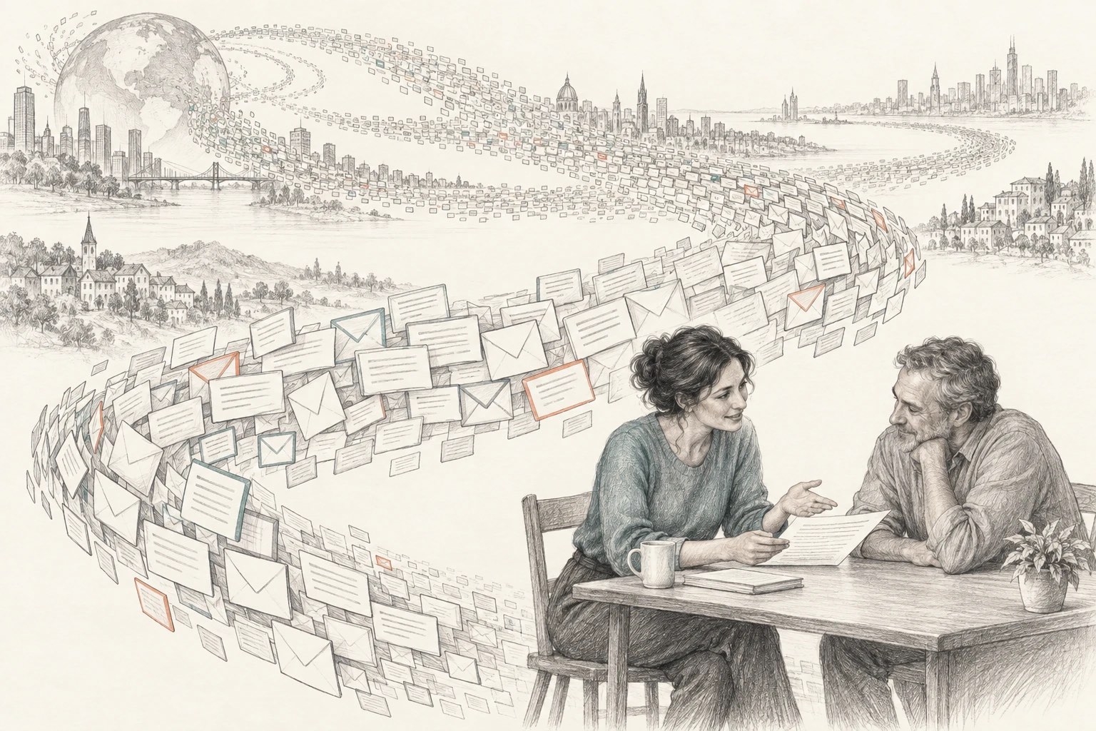 Pencil illustration: a long ribbon of envelopes and messages curves over cities and a river, ending at a kitchen table where two people read one letter together.